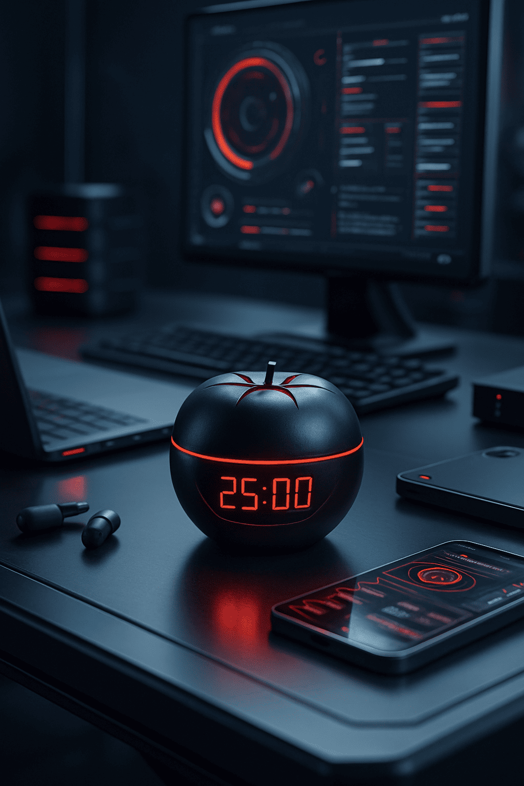 Contraste entre o tradicional e o digital: tomate Pomodoro futurista com timer digital e relógio analógico